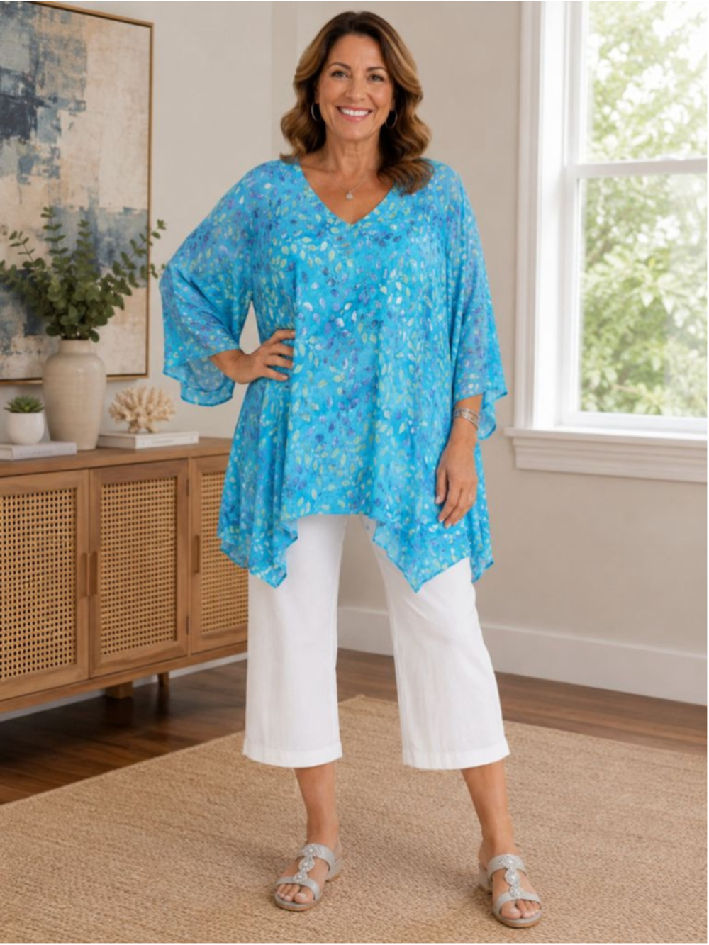 Lost River Clothing Co. Blue Green Leaf Print Tunic Top Women's Plus Size 1X
